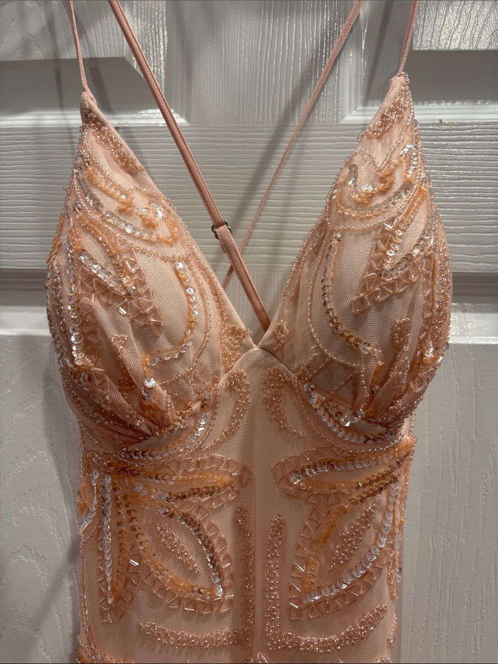 Scala Peach Beaded Spaghetti Strap Prom Dress - Picture 6 of 8